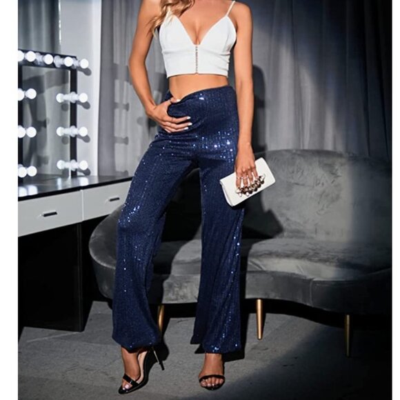 Navy Blue Sequin High‎ Waist Elastic Flare Bell Bottom Palazzo Trouser Pants